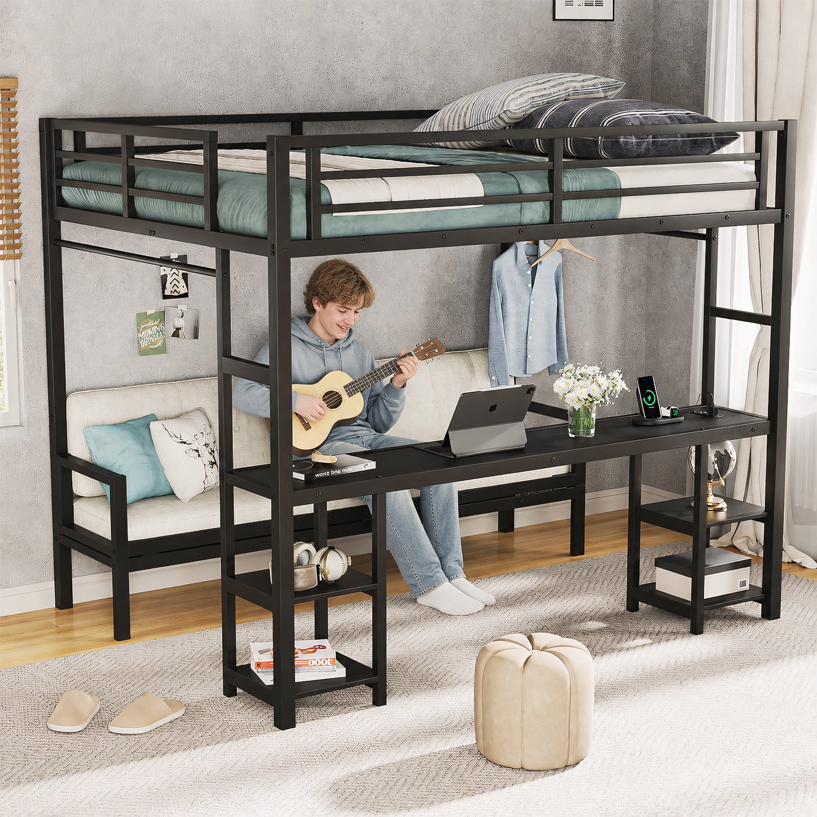 Mintazer Queen Over Twin XL Metal Bunk Bed with Desk and Shelves Built-in LED & USB Charging Ports, 2 in 1 Folding Sofa Bed for Kids Teens, Black