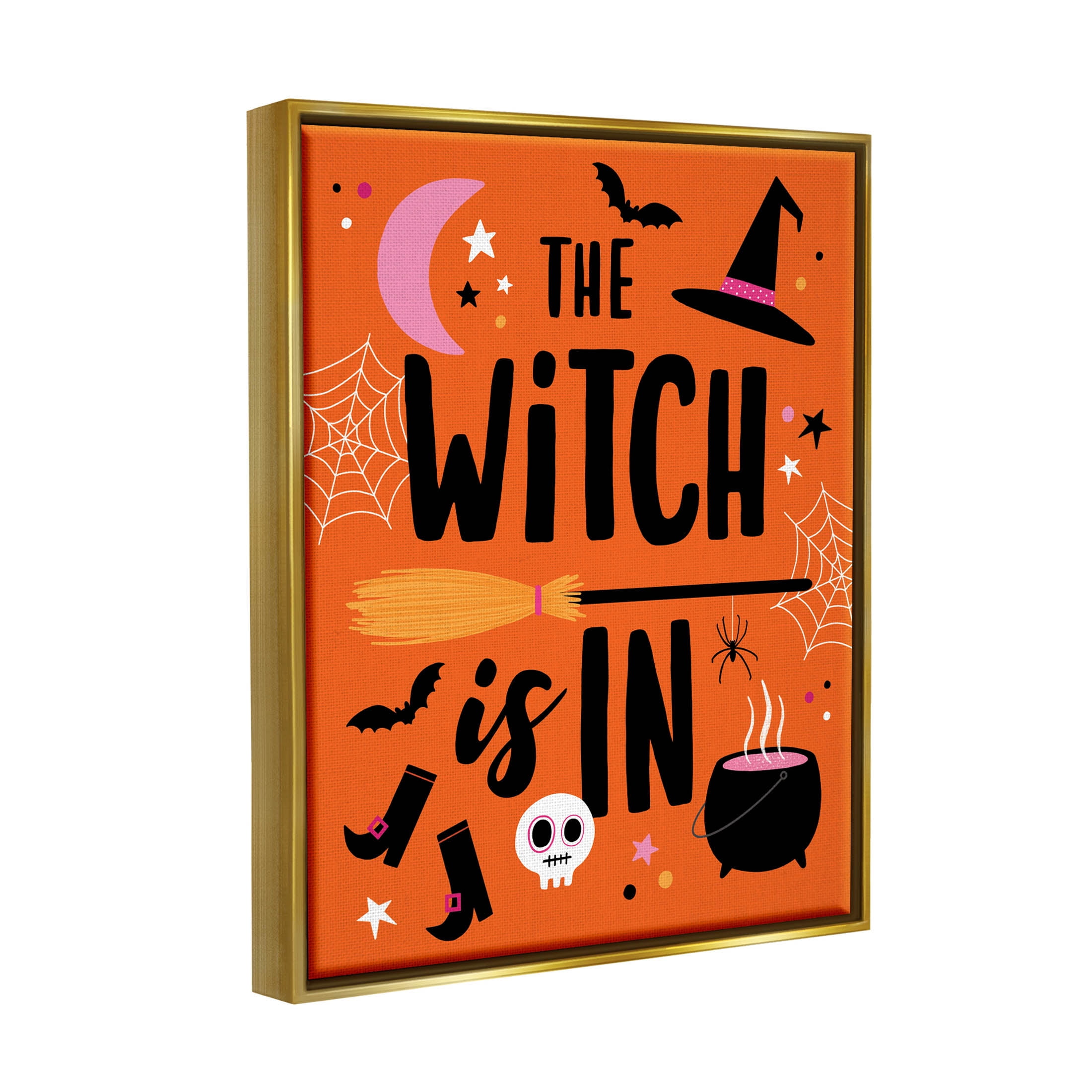 Witch Is In Bold Cauldron Phrase Holiday Graphic Art Metallic Gold Framed Art Print Wall Art