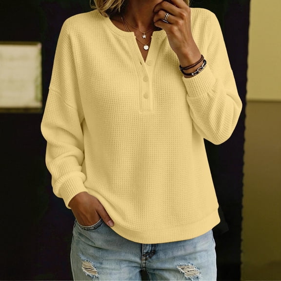 IUYRTFE Women's Waffle Knit Henley Top Long Sleeve Drop Shoulder Relaxed Fit Casual Solid Color Pullover