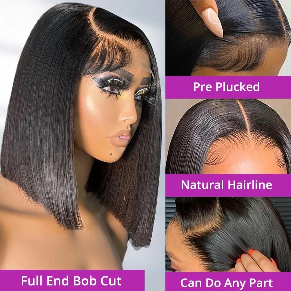 250% 13x6 Lace Frontal Wigs Silky Straight Human Hair Pre Cut Glueless HD Lace Front Bob