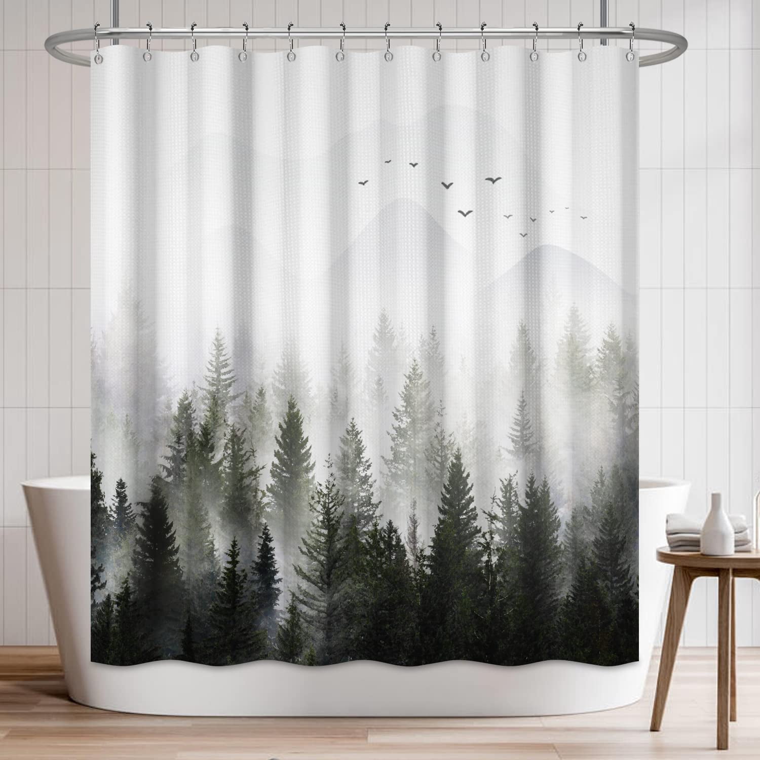 Green Misty Forest Shower Curtain, Rustic Shower Curtain Green Mountain Birds Tree Art Nature Woodland Summer Shower curtains for Bathroom Decorative Bath Curtains 72x72 Water Repellent Waffle Fabric