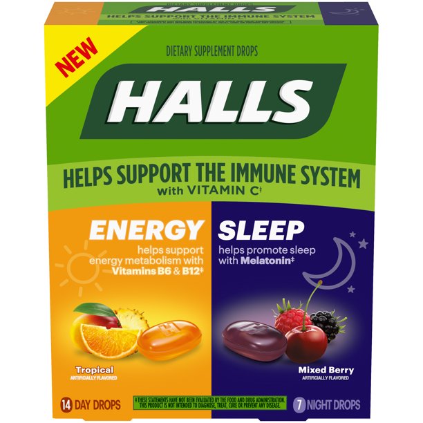 HALLS Energy & Sleep Dietary Supplements, Tropical & Mixed Berry