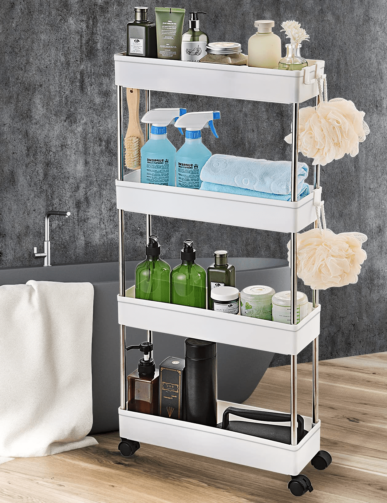 4-Tier Slim Storage Cart,Bathroom Storage Organizer,Slim Rolling Cart ...