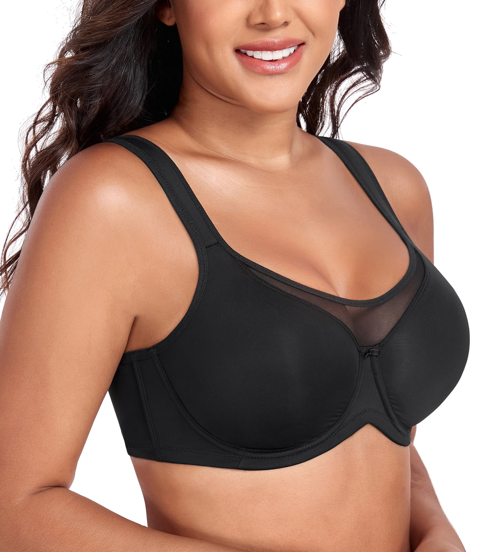 Exerin Women's Minimizer Full Coverage Underwire U-Back Unlined Plus Size Bra(38DD,Black)