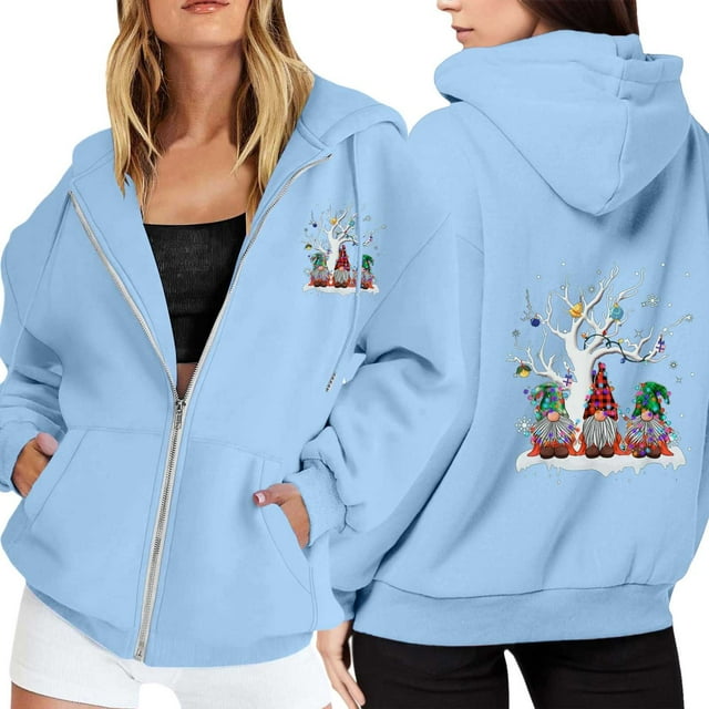 WILLBEST Sudadera Deportiva para Mujer Ladies' Christmas Printed Zipper Long Sleeved Pocket Adjuststring Casual Hooded Sweatshirt 1765 Mediana