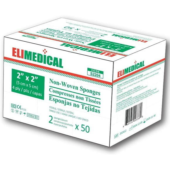 Elimedical Non Woven Sterile Gauze Pads 2x2 – 4-Ply, Lint-Free, Soft & Absorbent – 2pcs Per Pouch | 50 Pouches Included | Disposable Wound Dressing for First Aid Kit, Home & Medical (S2204)