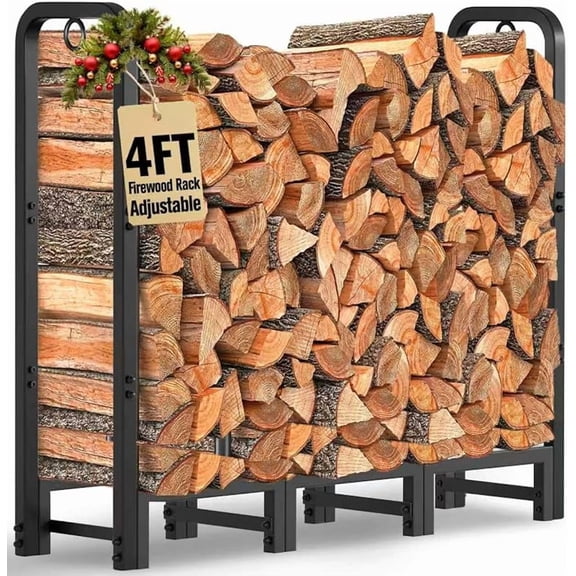 4ft Firewood Log Rack Outdoor Heavy Duty Logs Holder for Fireplace Indoor Outdoor Adjustable Wood Racks for Fire Wood Holder Metal Pile Stand Storage Stacker Organizer Black