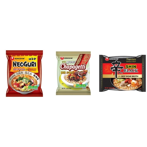 3 Pack Korean NongShim Gourmet Spicy Shin Instant Ramen Noodle, 3 Flavors(Neoguri,chapagetti,shin black) Plus NineChef Brand Long Handle Coffee Spoon