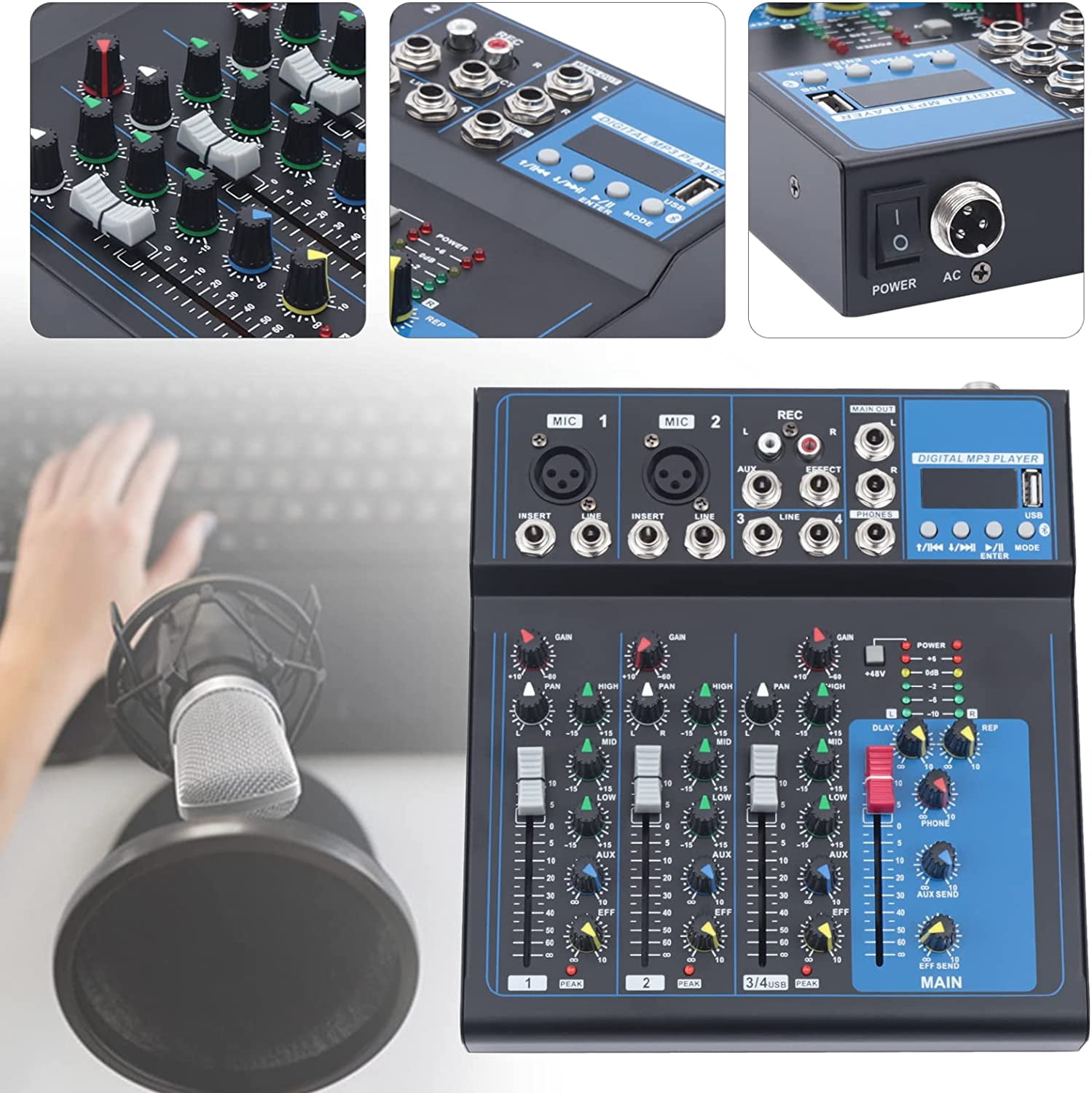 Professional 4-Channel Mixing Console Audio Mixer Sound Board Bluetooth USB Live Studio Mixer with USB Drive for PC Recording,48V Phantom Power Stereo DJ Studio Streaming