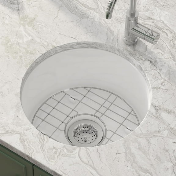 Drop in Kitchen Sink, Eridanus 18.5" x 18.5" Undermount Kitchen Sink 18.5 Inch Wet Bar Sink, Prep Sink Topmount Dual Mount Round Fireclay Deep Single Bowl with Bottom Grid and Strainer Drain