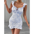 thumbnail image 4 of Women's Floral Print Off Shoulder Milkmaid Dress Ruched Ruffle Hem Bodycon Mini Dress Blue L, 4 of 9