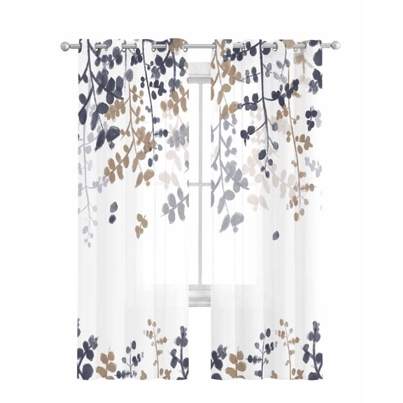 Grey Brown Leaves Sheer Curtains 63 Inch Length 2 Panels Set for Living Room/Bedroom, Summer Botanical Kitchen Curtains with Grommet Semi-Sheer Curtains Drapes Voile Window Treatments 42"x63"x2