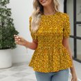 thumbnail image 3 of Camisa amarilla con dobladillo elástico con volantes para verano, blusa con mangas abullonadas y estampado floral, 3 of 6