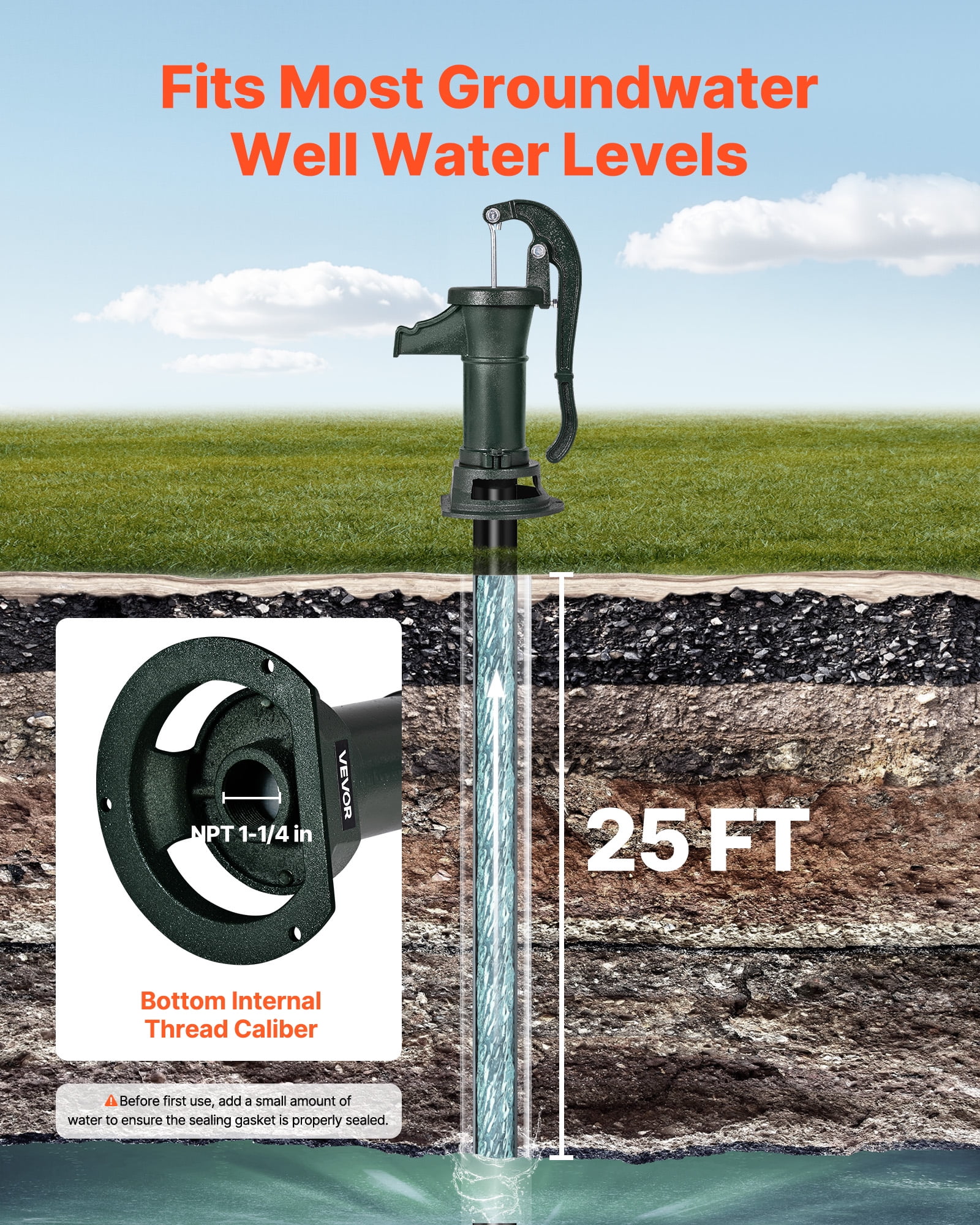VEVOR Well Hand Pitcher Pump, 25 ft Maximum Lift, Antique Cast Iron Manual Hand Water Pump, NPT 1-1/4 in Connection, Easy Installation, Old Fashioned for Outdoor Garden, Pond, Backyard, Farm, Green