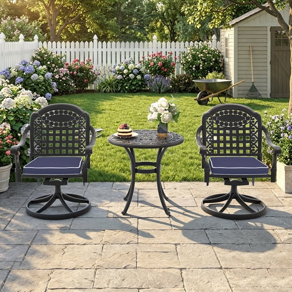 FFZ 3-Piece All-Weather Cast Aluminum Dining Set with Swivel Chairs and Round Table, Black