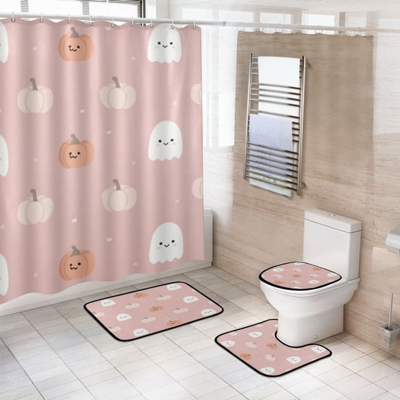 4-Piece Bathroom Set with Waterproof Shower Curtain with Non-Slip Bath Mat, U-Shaped Mat & Toilet Lid Cover Pink Cartoon Ghosts and Pumpkins