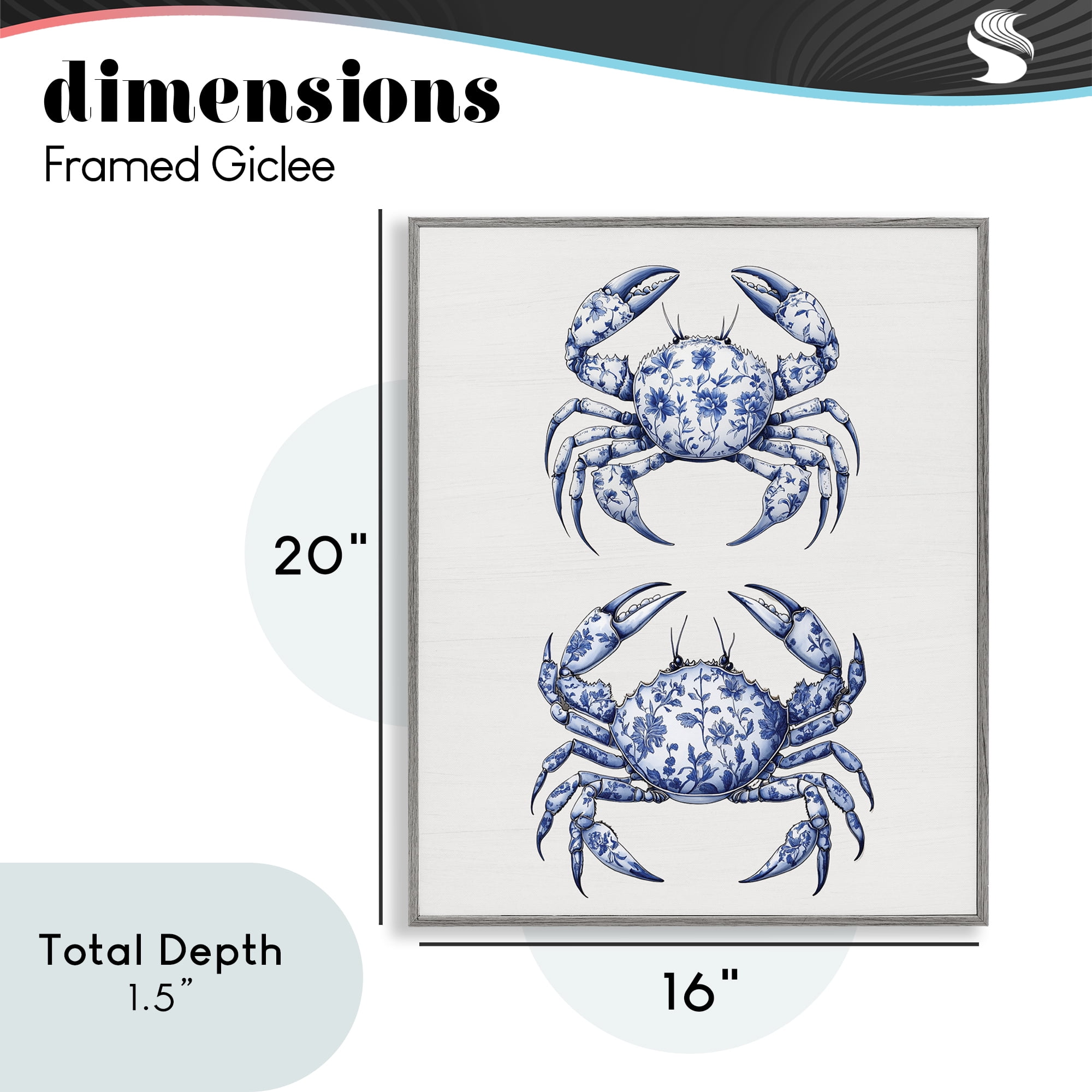 Vintage Toile Crabs Gray Framed Giclee Art, design by Lettered and Lined