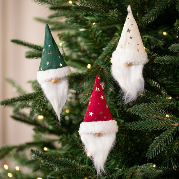 Santa Hat Gnome with Stars Clip-On Christmas Ornaments - 6" - Set of 3