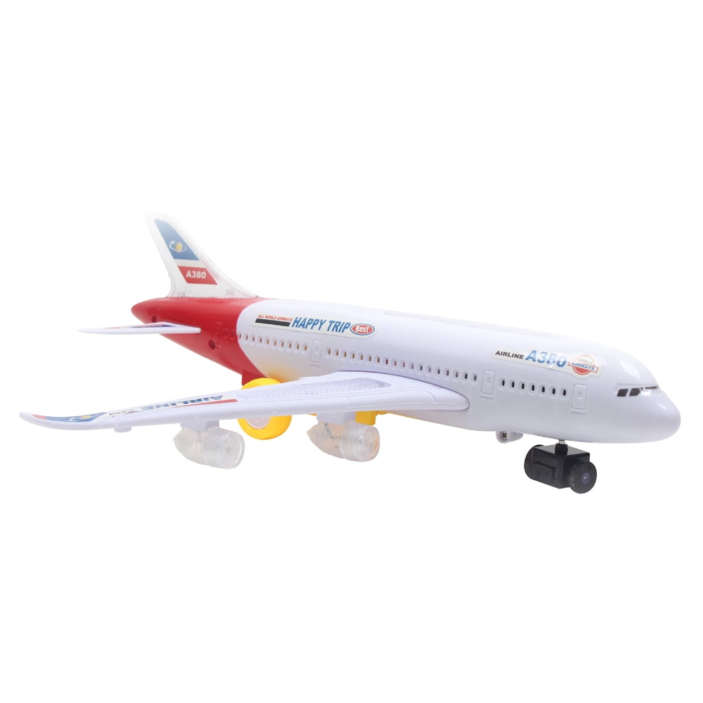 PlayWorld All Aboard! Bump and Go Electric Air Bus A380 Kids Action Airplane - Model Plane with LED Lights and Sounds - Changes Direction On Contact - Red