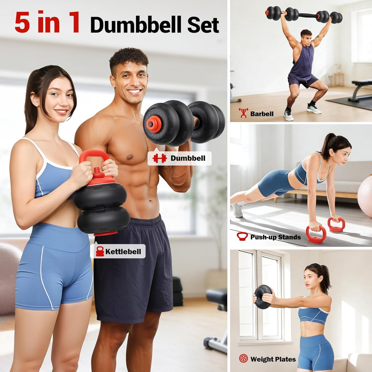 Yoleo 5-in-1 Adjustable Dumbbell Set with Silent Anti-Collision Plates, Connector Bar & Push-up Stand for Home Gym