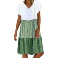 thumbnail image 1 of CHOK Robe Mini Décontractée pour Femme Grande Taille Été Ample Mode Patchwork Col en V à Rayures à Pois Manches Courtes Volant Ourlet à Étages en Lin Robe de Plage Soleil en Liquidation, 1 of 5