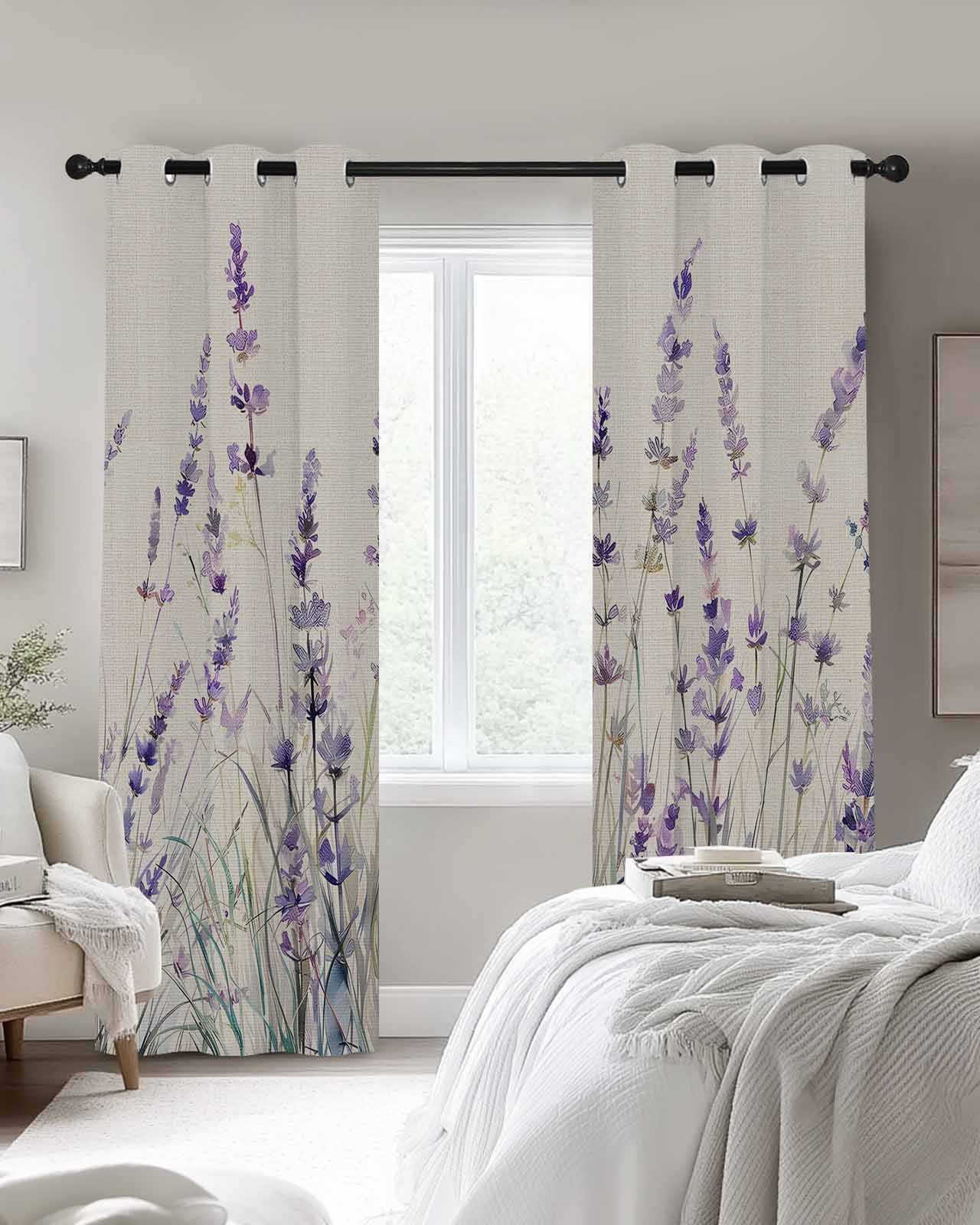 Spring Flower Blackout Curtains for Bedroom Living Room, Vintage Purple Lavender Linen Texture 84 In Long Thermal Insulated Room Darkening Drapes Grommet Window Treatments, 42 x 84 In
