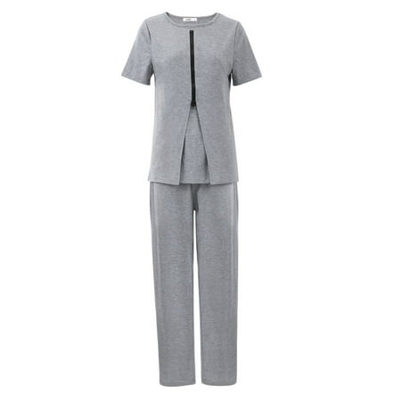 

Xmarks Women s Maternity Nursing Pajama Set Breastfeeding Sleepwear Set Double Layer Short Sleeve Top with Front Zipper & Pants Pregnancy PJS Gray US 6