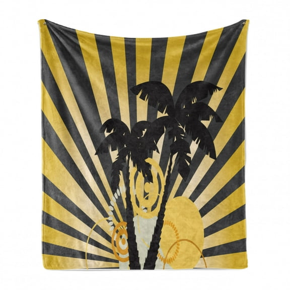 Sunburst Soft Flannel Fleece Throw Blanket, Modern Exotic Design of Palm Trees and Burst Effect on the Back, Cozy Plush for Indoor and Outdoor Use, 60" x 80", Yellow Dark Grey, by Ambesonne