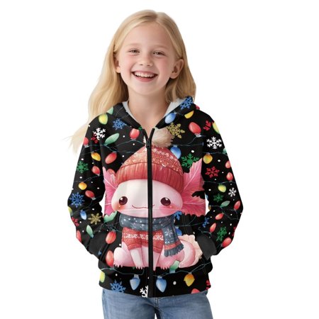 FUIALDOLG Girls Christmas Hoodie Axolotl Color Lights Print Kids Long Sleeve Oversized Hoodie Sweatshirt Zip Up Jacket Winter Coat with Pockets Size L