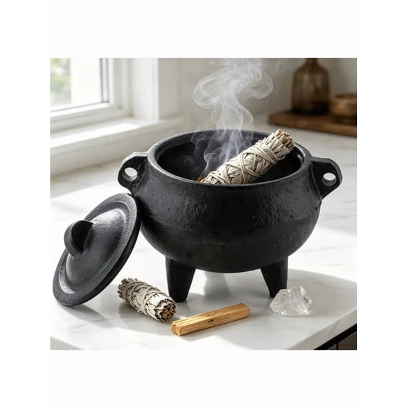 Yoga Meditation Purification Cast Iron Incense Burner with Lid & Incense Holder, Brown