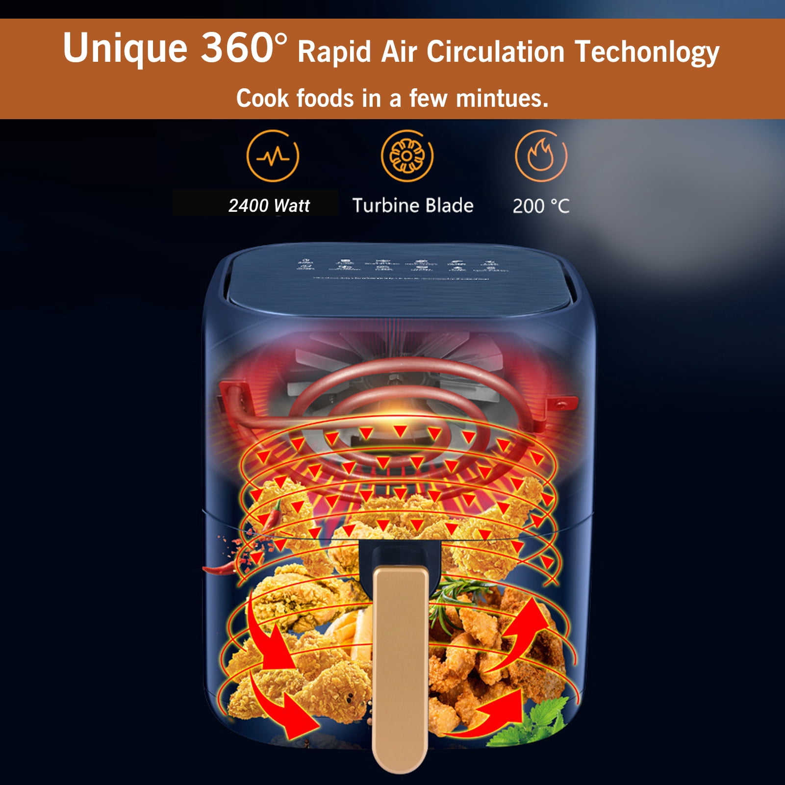 7.2 Quart 2400W Air Fryer Oven 360℃ Circulating Heating Air Frier Cookers, Air Fryer, Bake, Press, Grill