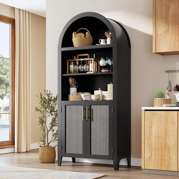 Memoryfield 5 Tiers Arched Kitchen Pantry Cabinet with Doors, Farmhouse Storage Cabinet for Dining Room, Living Room, Black