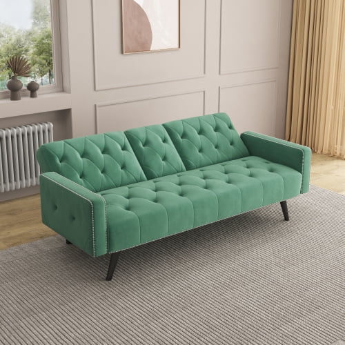 Leumius Velvet Futon Sofa with 2 Cup Holders, Modern Upholstered Sofa Bed for Small Spaces, Pink