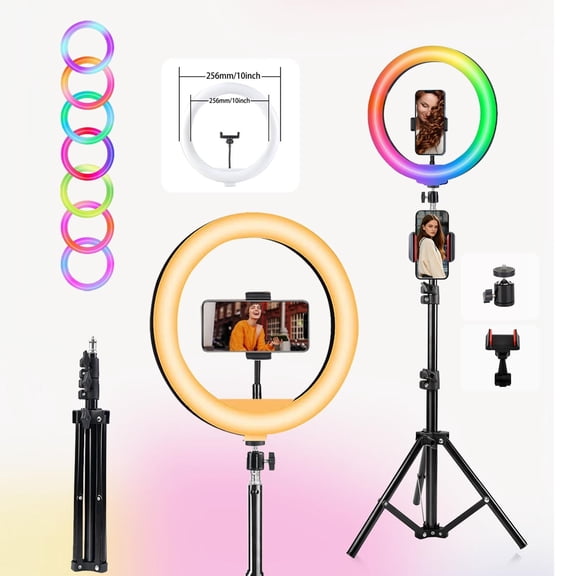 10-inch RGB LED Selfie Ring Light Studio Kit - Adjustable Brightness, 30 RGB and 3 White Light Modes,  with Tripod and Phone Clips for Professional Photos and Videos