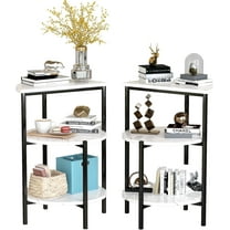 Marble Side End Table Set, 3-Tier Sofa Side Table, Small Round Coffee Bedside Corner Table with Metal Frame for Living Room Bedroom (2, White&Black)