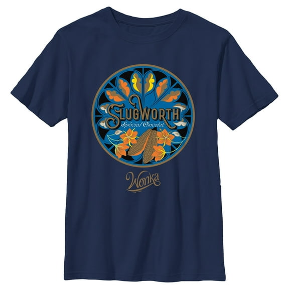 Boy's Wonka Slugworth Chocolate Logo Graphic Tee Navy Blue Medium