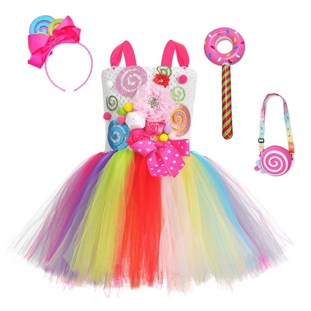 Vestido de princesa de caramelo arcoíris, vestido de baile para niñas, disfraz de piruleta, lazo de piruleta, ropa de fiesta de cumpleaños para niños, trajes 2-125-6Y(L) Gao Jinjia LED