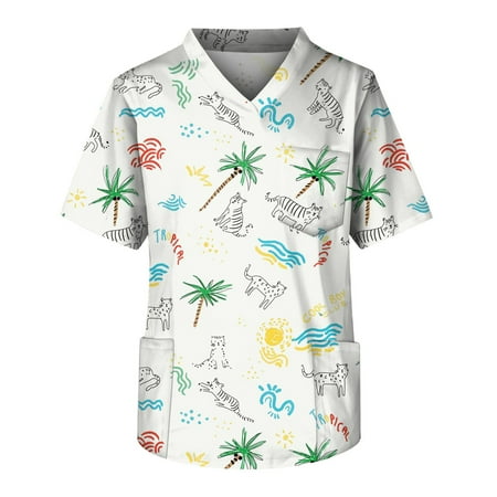 

Mlqidk Printed Scrub Tops Men Summer Short Sleeve V Neck Cartoon Pattern Tees Fashion Working Uniform Trendy Shirts Green XL