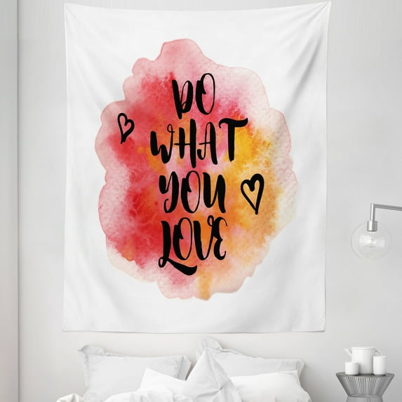 Saying Tapestry, Aquarelle Color Drop Background in Warm Toned Hearts, Fabric Wall Hanging Decor for Bedroom Living Room Dorm, 5 Sizes, Vermilion Pale Orange, by Ambesonne