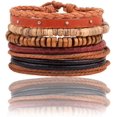 thumbnail image 5 of 5Pcs 5 Styles Wood Wrap Bracelets Adjustable Woven PU Leather Wrist Cuff Stackable Ethnic Tribal Hemp Cords Natural Wooden Coconut Shell Beads Wristbands Arm Armor, 5 of 7