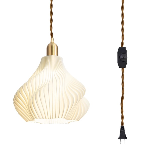 Kiven Plug in Pendant Light, Farmhouse Hanging Light Fixture with White Plastic Lampsade, E26 Socket Dimmable Pendant Light for Bedroom Hallway Kitchen DZ0541