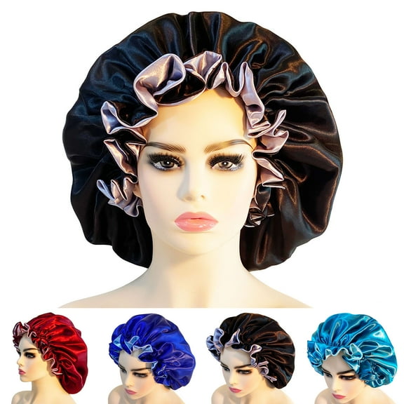 Satin Sleep Cap,Double Layer Adjustable Sleep Bonnet,Waterproof Reusable Bathing Shower Hat