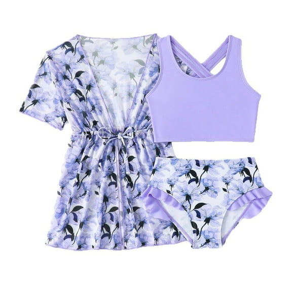 RUTAYY Girls Swimwear Set 3PCS Outfit With Cover Up Bikini For Toddler Kids Beach Pool Party Summer Vacation Vacation Resort Beachwear, 4-5 Years