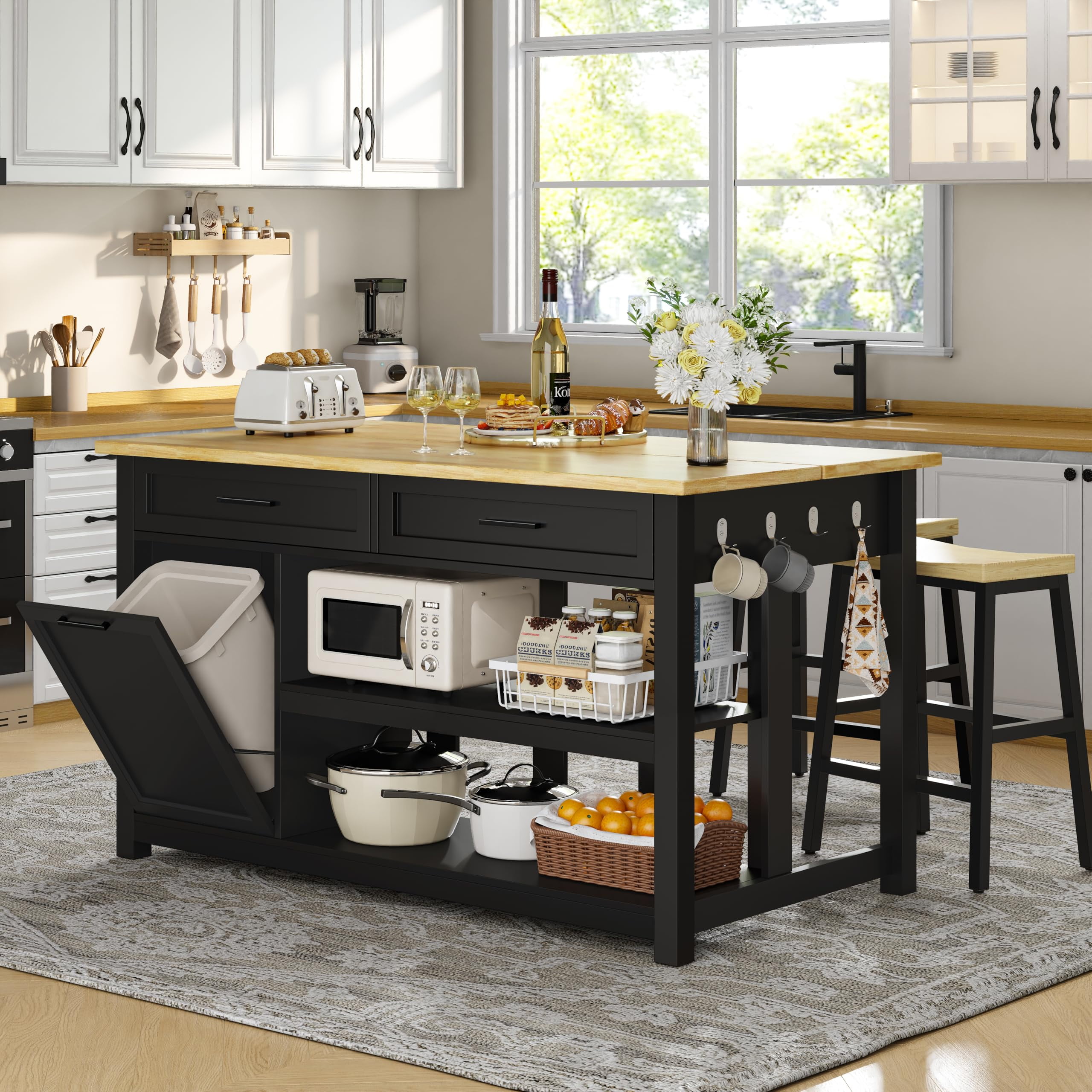 ChicZhiNest Kitchen Island with Seating Include 2 Stools, 47" Solid Rubberwood Dining Table with Power Outlet, 6 Hooks, Kitchen Bar Table Set with 2 Drawers & Open Shelves Storage Cabinet, Black