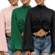 thumbnail image 3 of Moda mujer color sólido blusa cuello alto manga larga linterna nudo Crop Top verano Abanopi Verde/Extragrande, 3 of 7