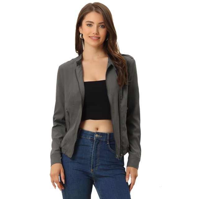 Chaqueta corta motera Allegra K con cuello alto y cremallera Gris Oscuro XL