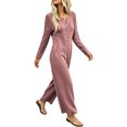 thumbnail image 4 of TEAJOPSUU Womens Waffle Knit Jumpsuit Long Sleeve Button Henley Neck Wide Leg Long Romper with Pockets Casual Loungewear Hot Pink, 4 of 7