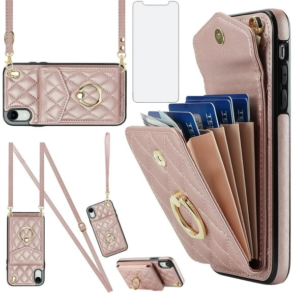 MYKOMI Phone Case for iPhone XR 6.1 Wallet Cover with HD Screen Protector Ring RFID Blocking Card Holder Cell iPhoneXR iPhone10R i Phonex 10XR 10R RX CR iPhoneXRcases Women Girls Rose Gold