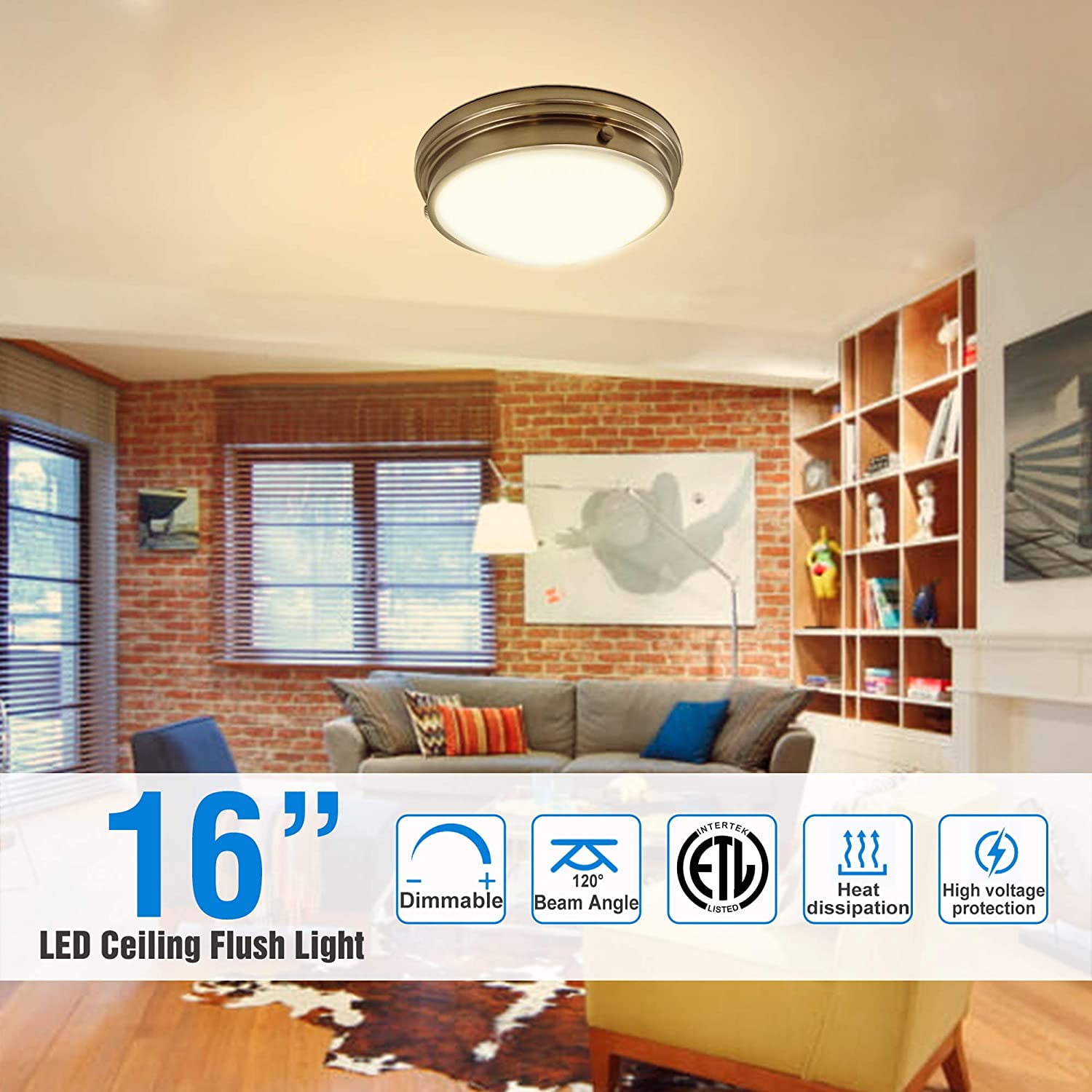 MingBright Modern LED Ceiling Light Flush Mount Fixture，16 inch Brushed Nickel Modern Ceiling Lamp Fixture Dimmable, 1250lm 3000K Warm White Flush Mount for Bathroom, Living Room, Bedroom or Kitchen