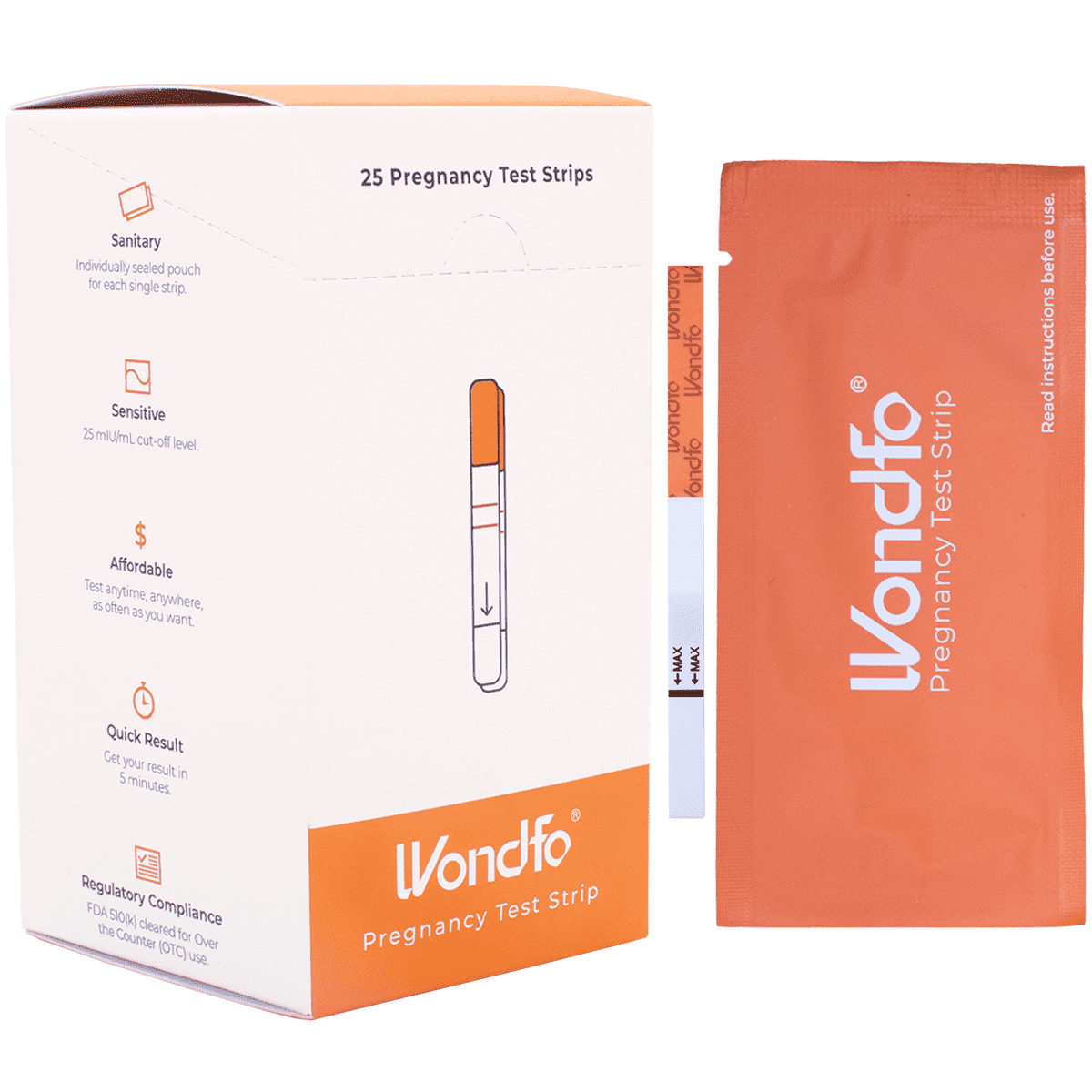 Wondfo Pregnancy Test Strips, 25-Count Individually Wrapped Pregnancy Strips, Home Detection Pregnancy Test Kit - 25mIU/mL